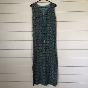 Pink, green, light blue, and navy patterned maxi